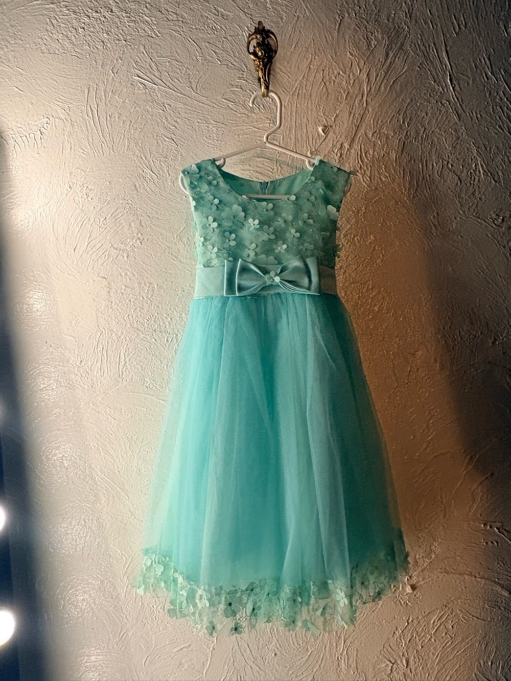 Girls Teal Bow-Front Floral Tulle Dress
